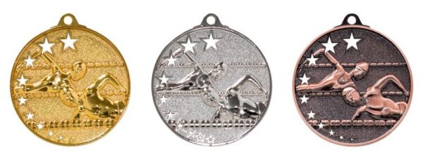 Schwimmer-Medaille mit 52 mm Ø, gold-/silber-/bronzefarbig,