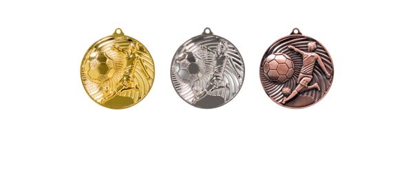 Medaille Fußballer mit 50 mm Ø, gold-/silber-/bronzefarbig,