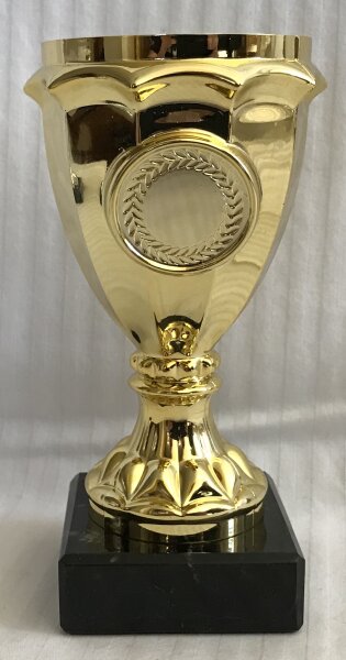 RESTPOSTEN moderner Kleinpokal 13 cm hoch, goldfarbig mit Sockel