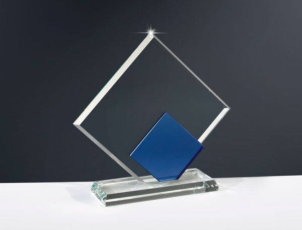 Kristall Glas-Trophäe, Rechteckform 165x170mm, mit Blauglas 85x80mm