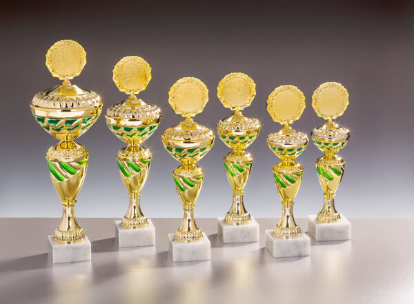 Pokal "Helma",goldfarbig mit grün, verschiedene Größen