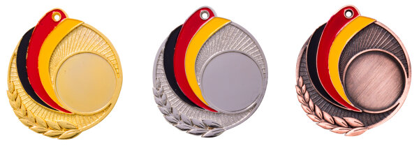 Zamak-Medaille mit Deutschlandfarben, 50 mm Ø, gold-/silber-/bronzefarbig,
