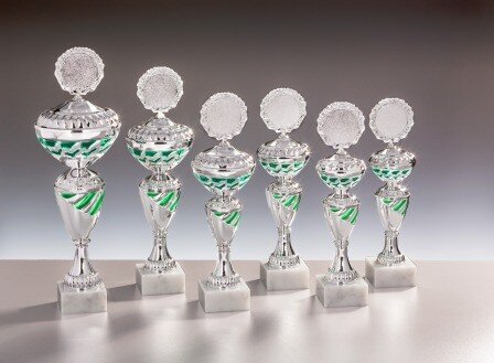 Pokal "Petra", silber-grünfarbig, 28 bis 34 cm, 6er Serie