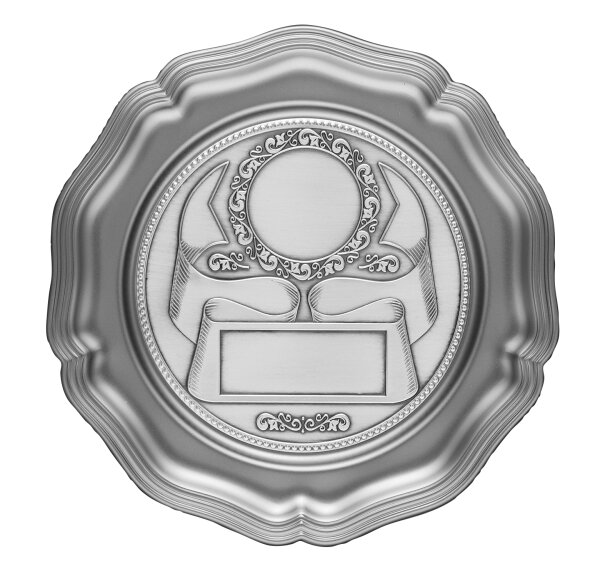 Metallteller 23 cm Durchmesser mit Emblem und Textschild